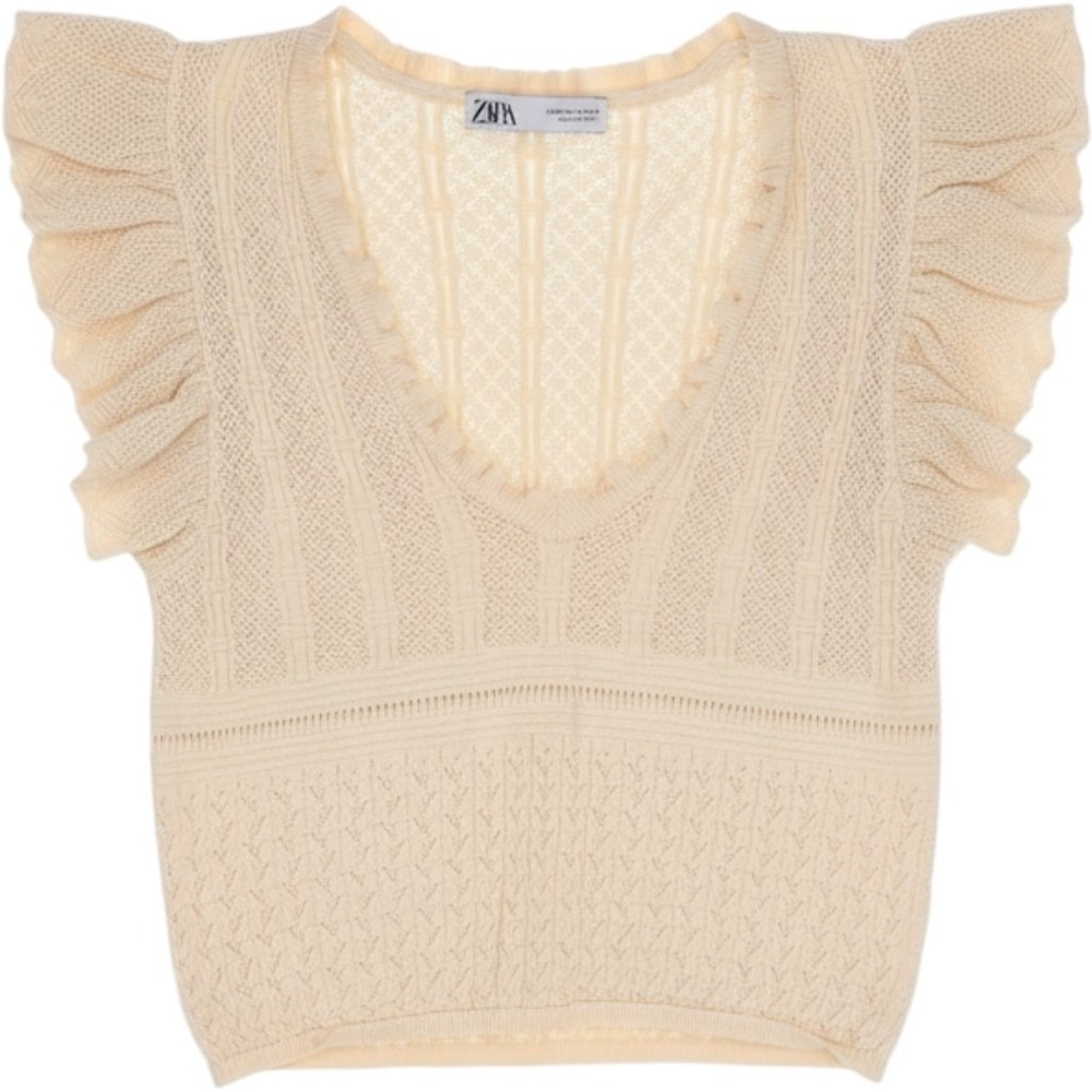 Zara Womens Cream Pointelle Knit Ruffle V-Neck Flutter Sleeve Top Size M